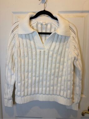 White Open-Stitch Knit Johnny Collar Sweater